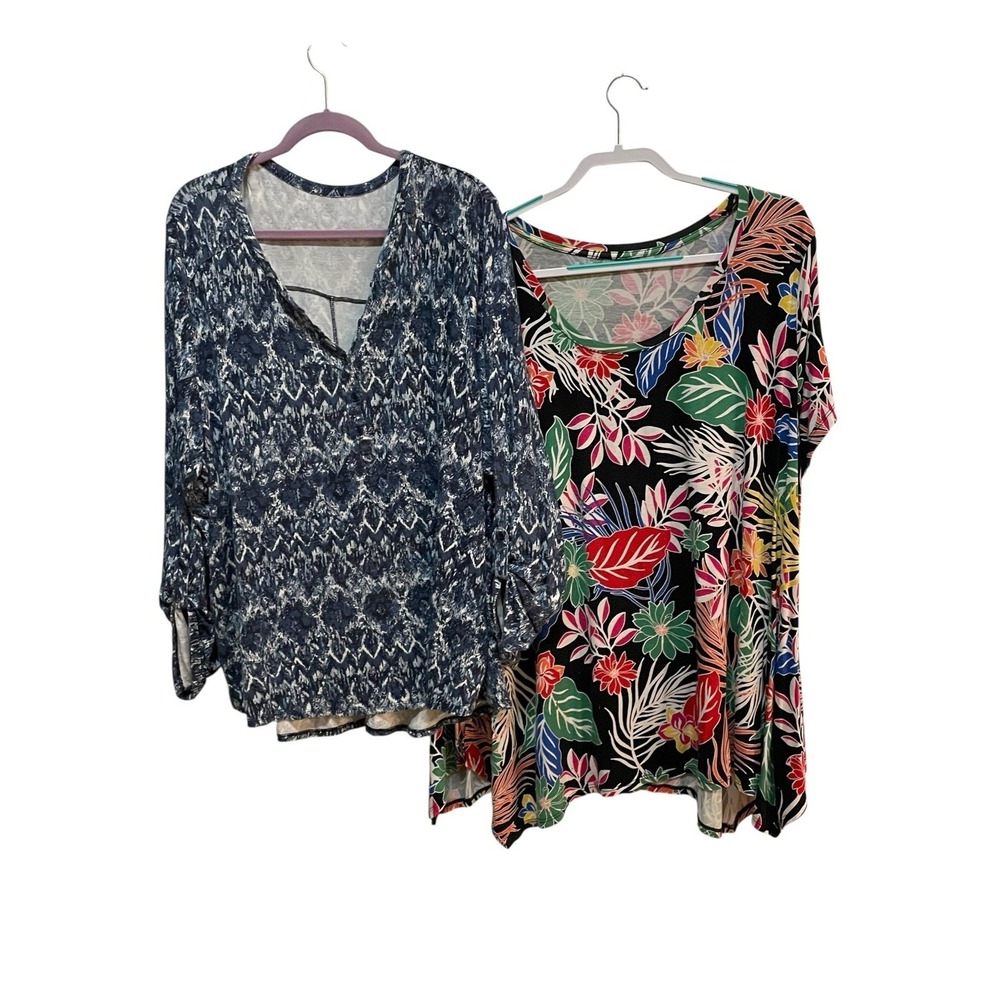 Women's Plus Size Top Lot of 2 Blue Abstract Floral Tropical Tunic Blouses 4x